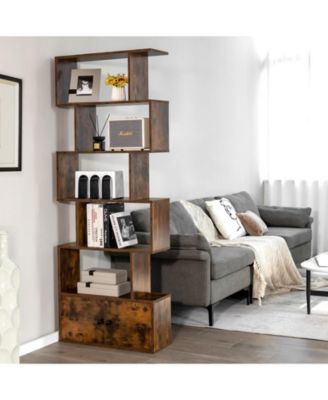 6-Tier S-Shaped Freestanding Bookshelf with Cabinet and Doors