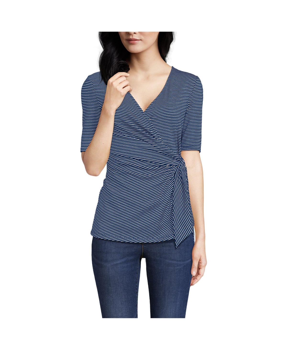 Women's Elbow Sleeve Lightweight Jersey Side Tie Blouse - Deep sea navy tiny stripe