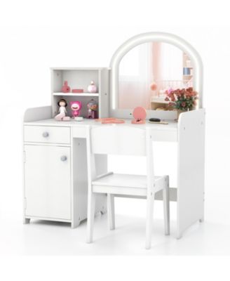 Kids Vanity Table and Chair Set with Shelves Drawer and Cabinet