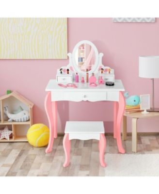 Kids Vanity Princess Makeup Dressing Table Stool Set with Mirror and Drawer