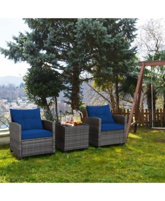 3 Piece Patio Rattan Wicker Sofa Set  w/ Cushions Glass Tabletop