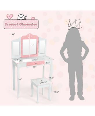 Kids Princess Vanity Table and Stool Set with Tri-folding Mirror and Drawer