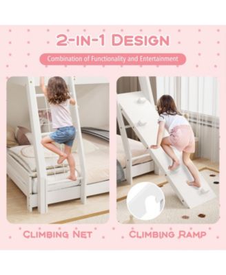 Twin Over Queen Bunk Bed Wooden Kids Bed with Climbing Nets and Ramp