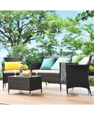 Set of 4 Outdoor Patio Rattan Conversation Furniture Set w/ Cushion Table