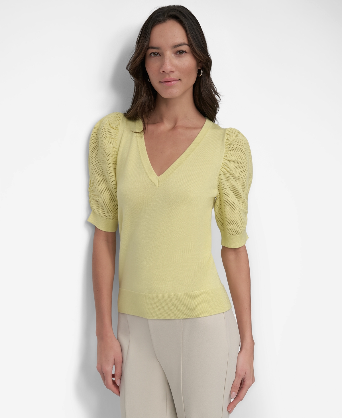 Women's Puff-Sleeve V-Neck Sweater - Black