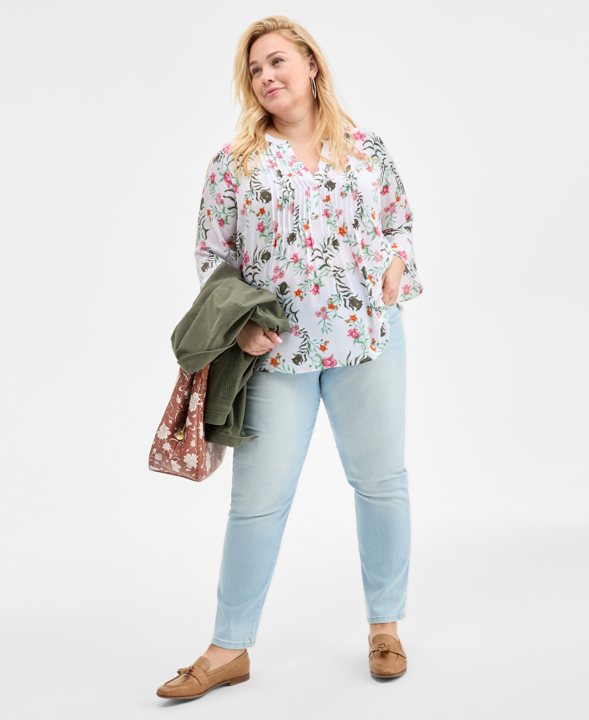 Style & Co Plus Size Printed Pintuck Top, Exclusively At Macy's In Fauna Bright White