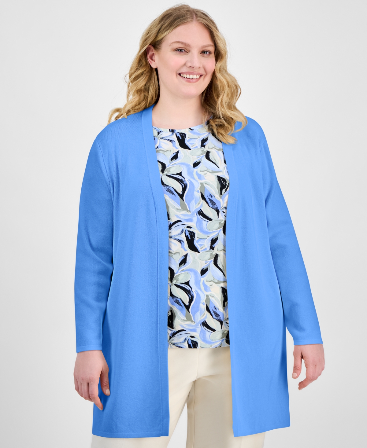 AK ANNE KLEIN PLUS SIZE OPEN-FRONT LONG-SLEEVE SIDE-SLIT CARDIGAN 