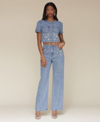Womens Rhinestone Trim Short Sleeve Denim Top Rhinestone Trim Hollywood Waist Wide Leg Jeans