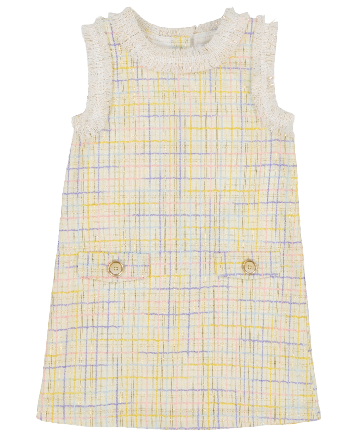 KIDS HEADQUARTERS TODDLER AND LITTLE GIRLS EMBROIDERED FRINGE TRIM PLAID WOVEN DRESS 