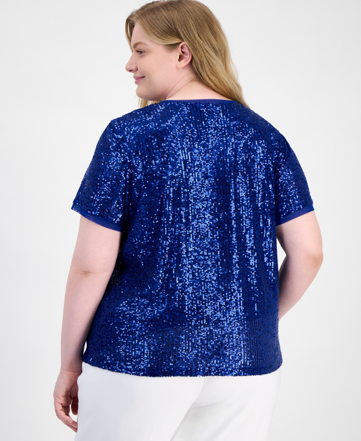 Anne Klein Plus Size Sequin-embellished Short-sleeve Top In Santorini Blue
