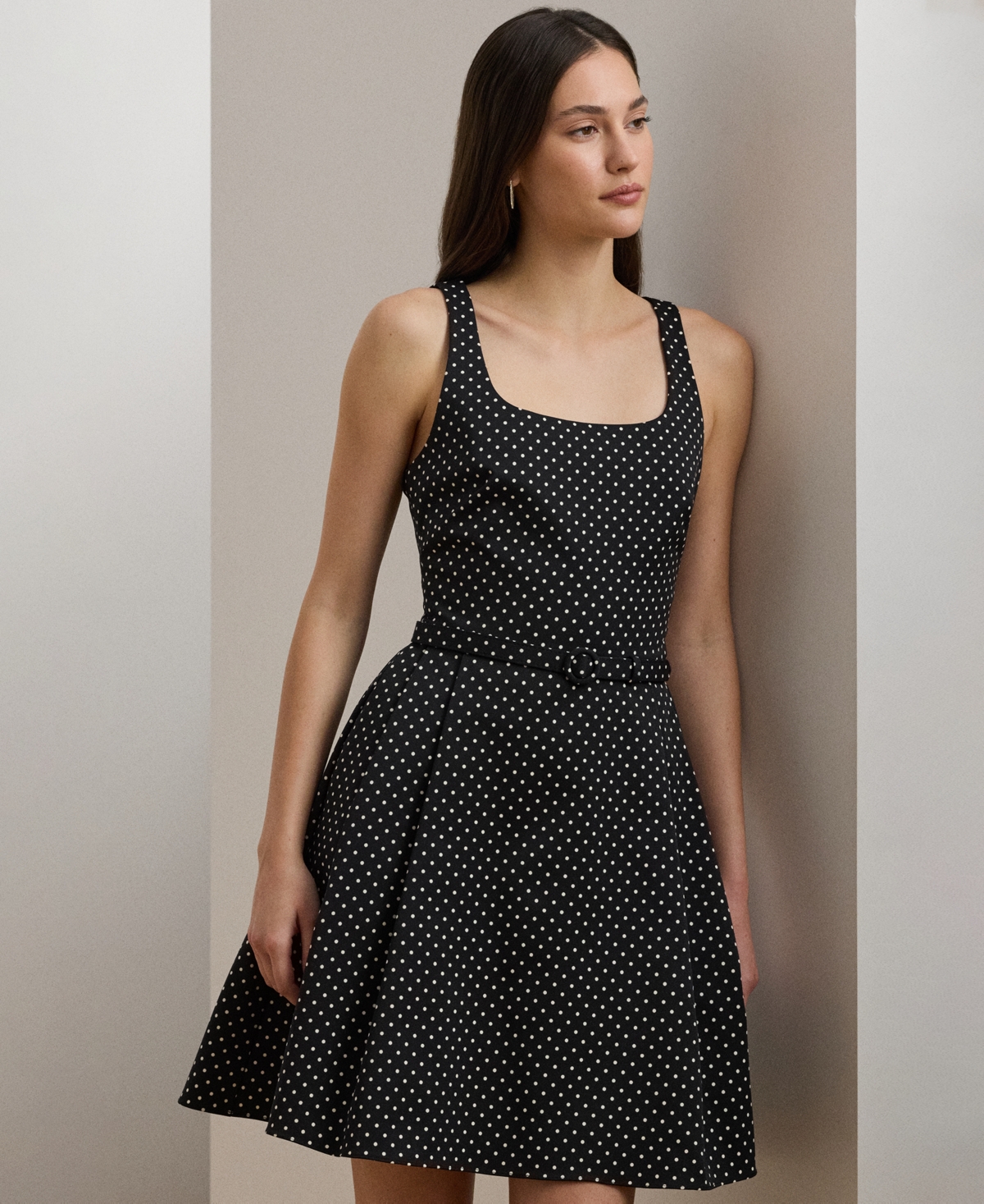 Ralph Lauren Polka-dot Belted Faille Cocktail Dress In Black,cream