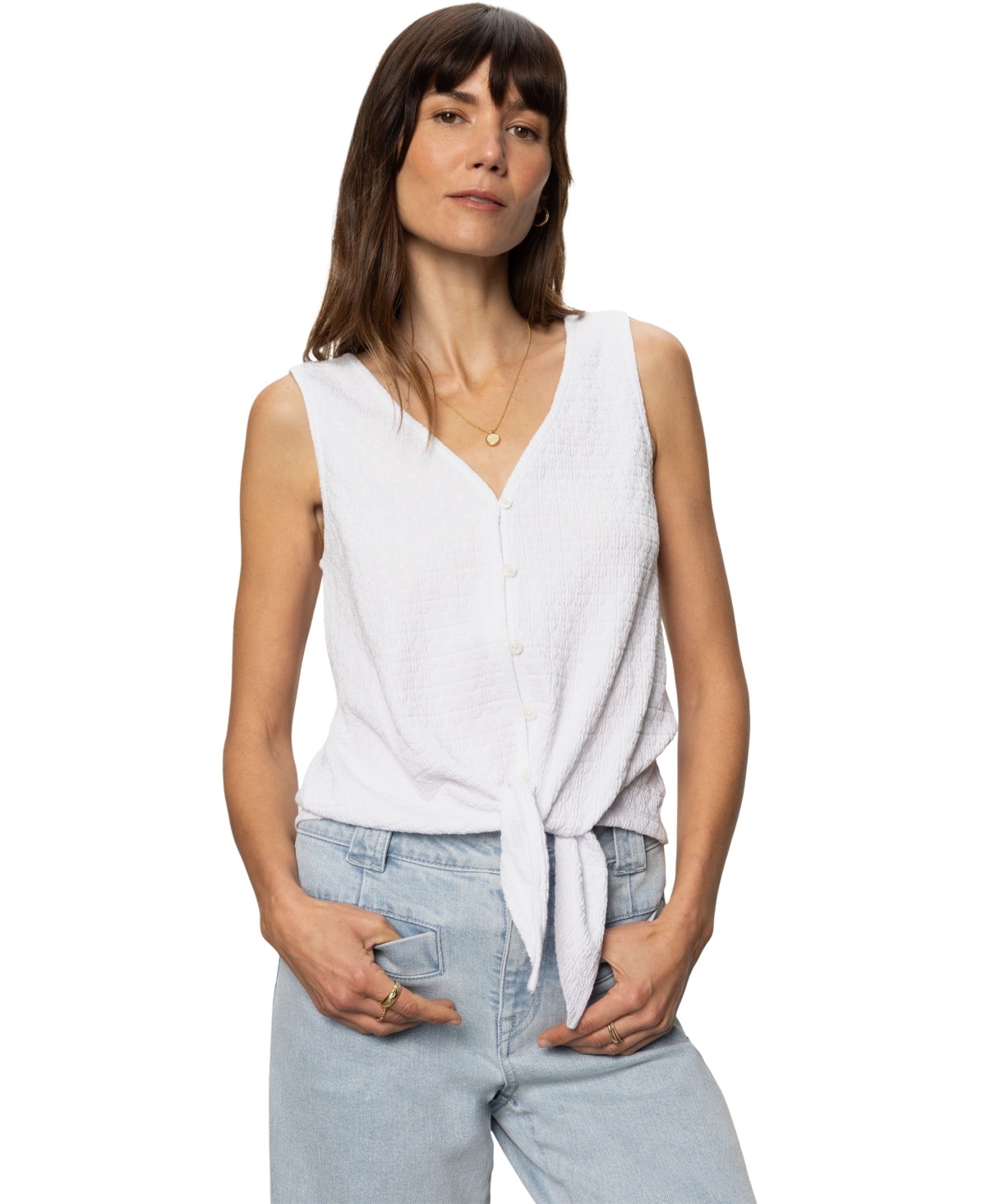 Sanctuary Vacation Textured Tie Front Button-up Tank In White