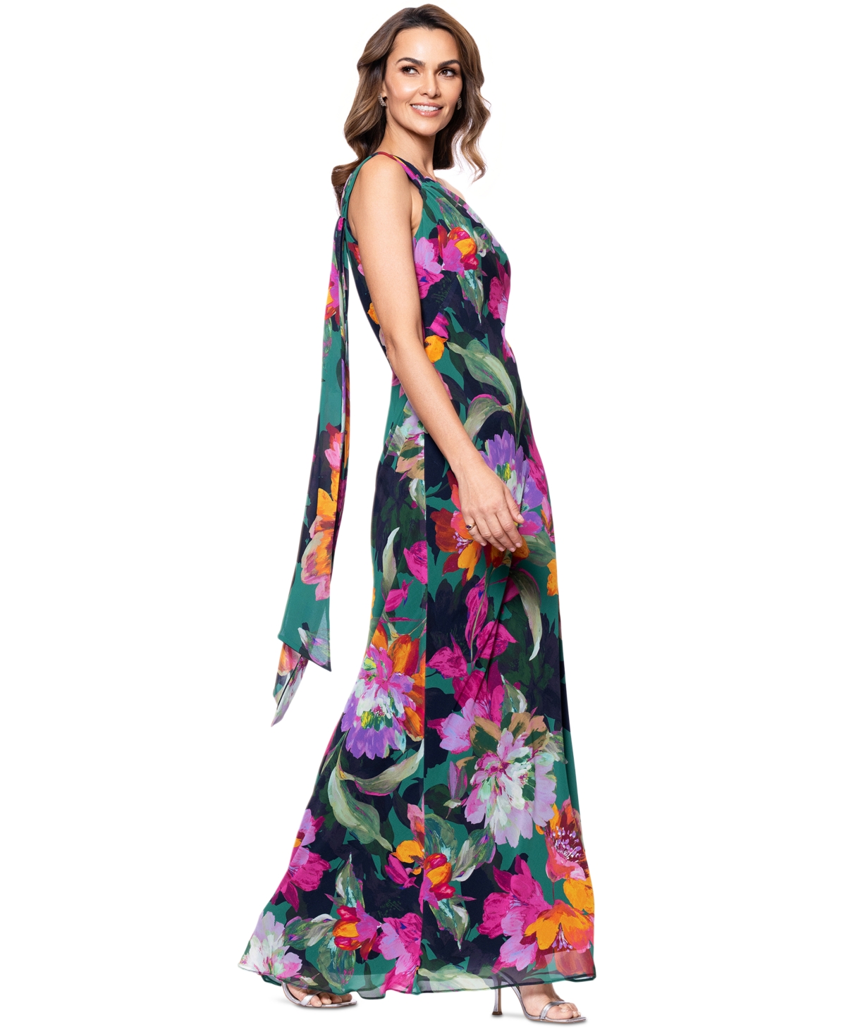 Xscape Petite One-shoulder Chiffon Fit & Flare Gown In Green Multi