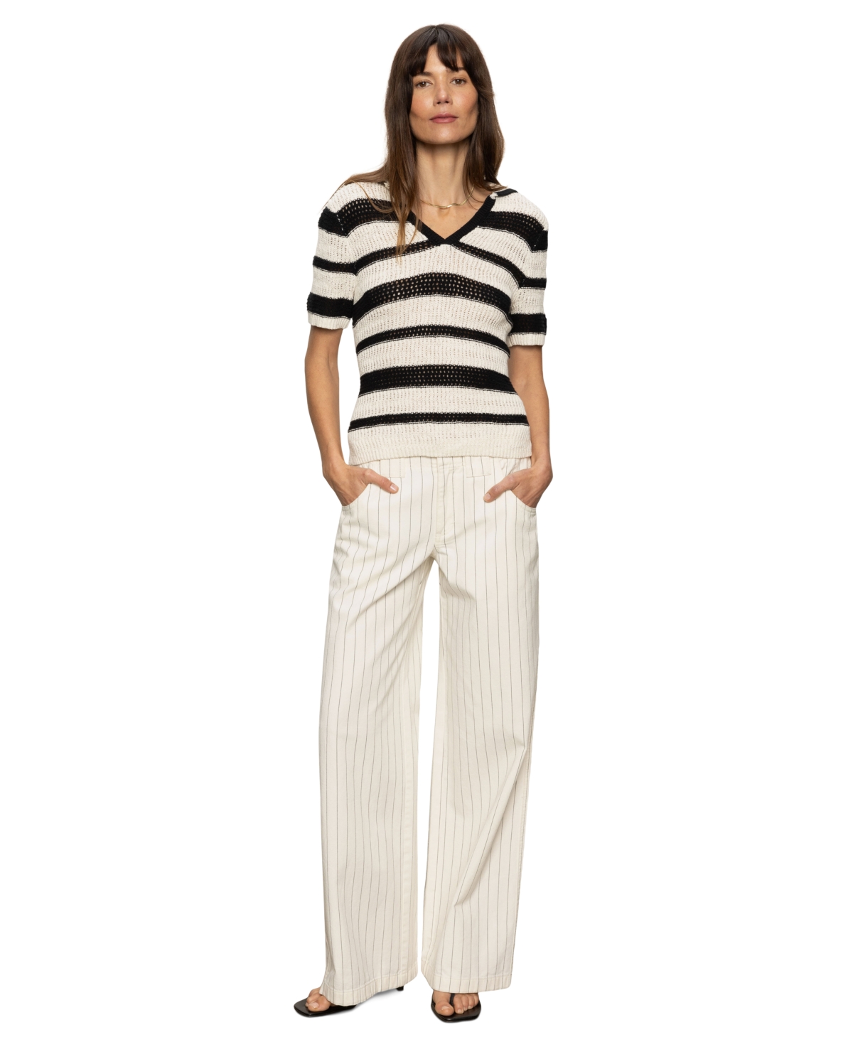 Women's Cotton Striped-Knit Sweater Top - Black/ Chalk