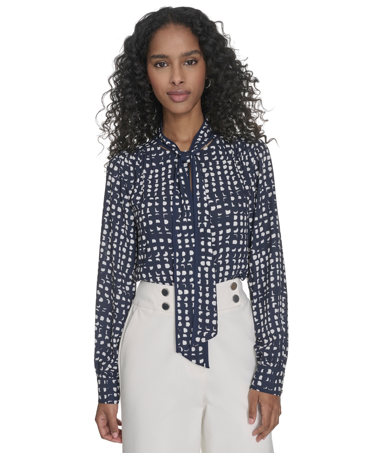 Calvin Klein Women's Printed Tie-neck Blouse In Navy,cream