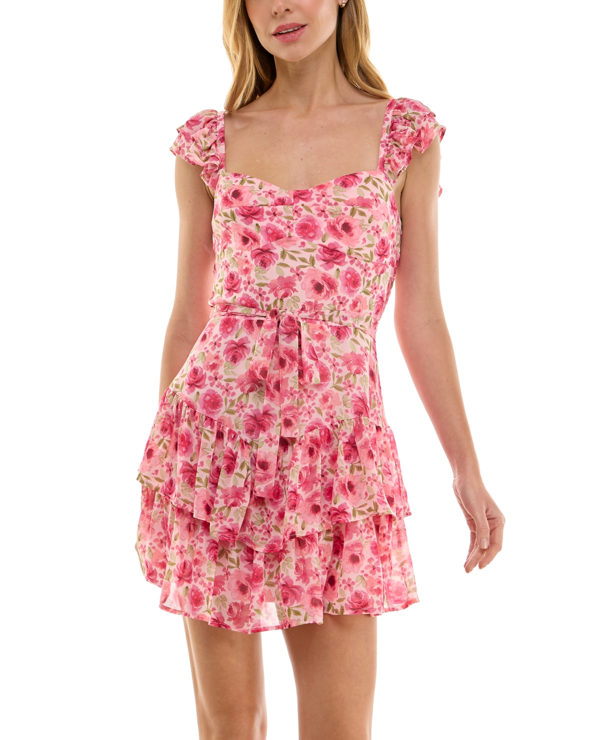 Juniors' Floral-Print Tie-Front Flutter-Sleeve Tiered-Hem Dress - Pink/fuchsia