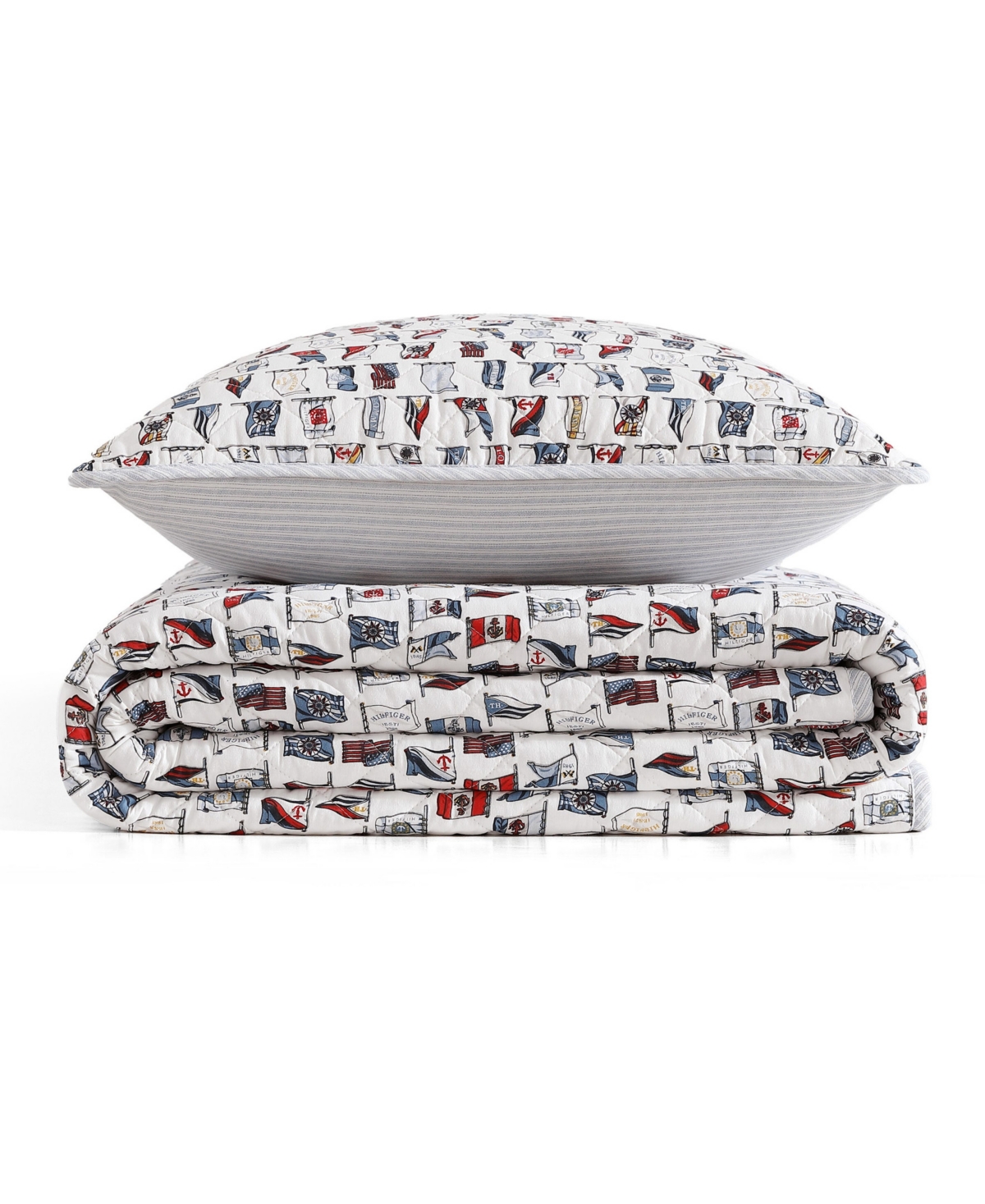 Tommy Hilfiger 136 Thread Count Boating Flags Cotton Reversible Quilt Set In White,pale Blue,red