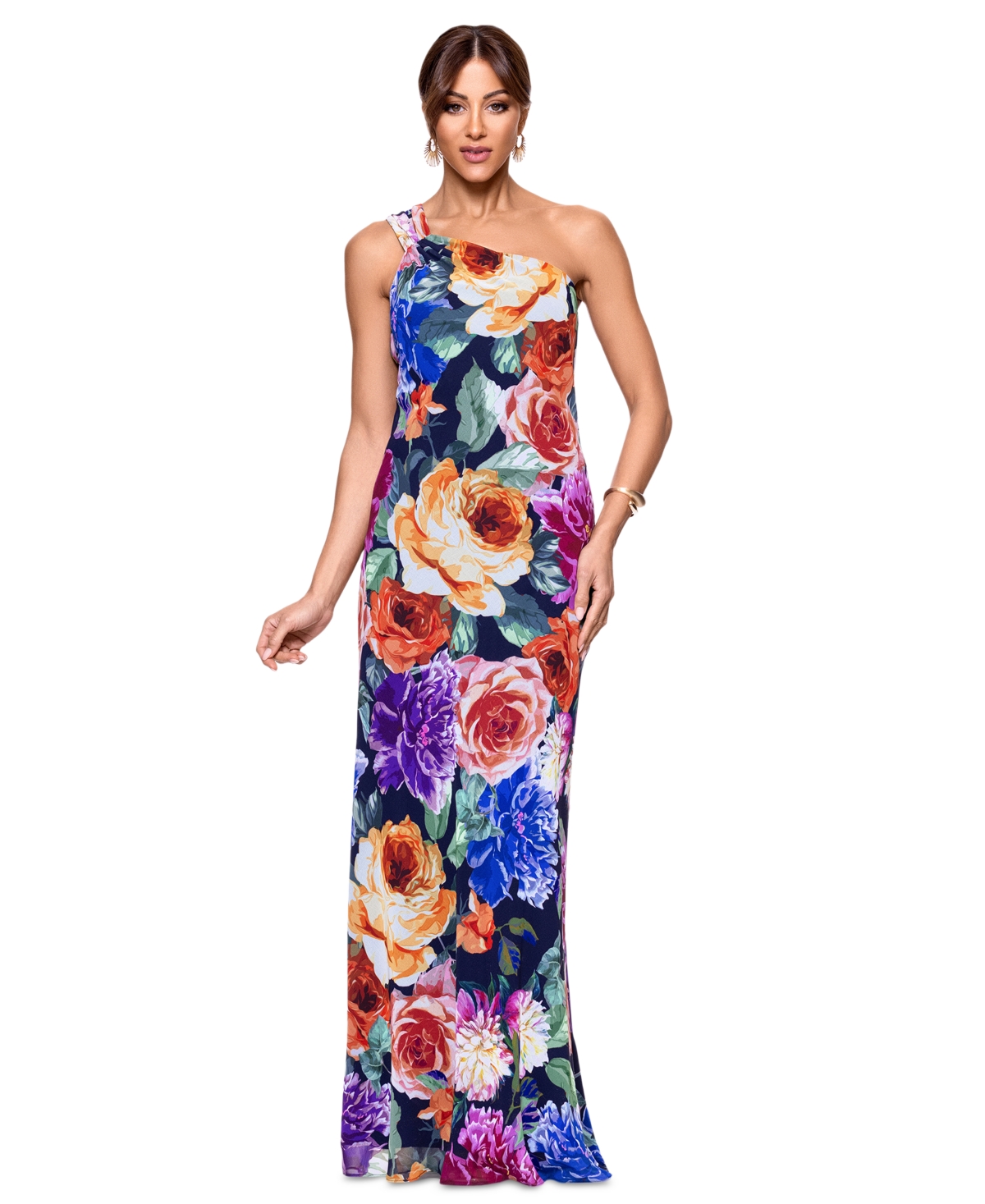 Xscape Women's One-shoulder Floral Chiffon Dress In Navy Multi