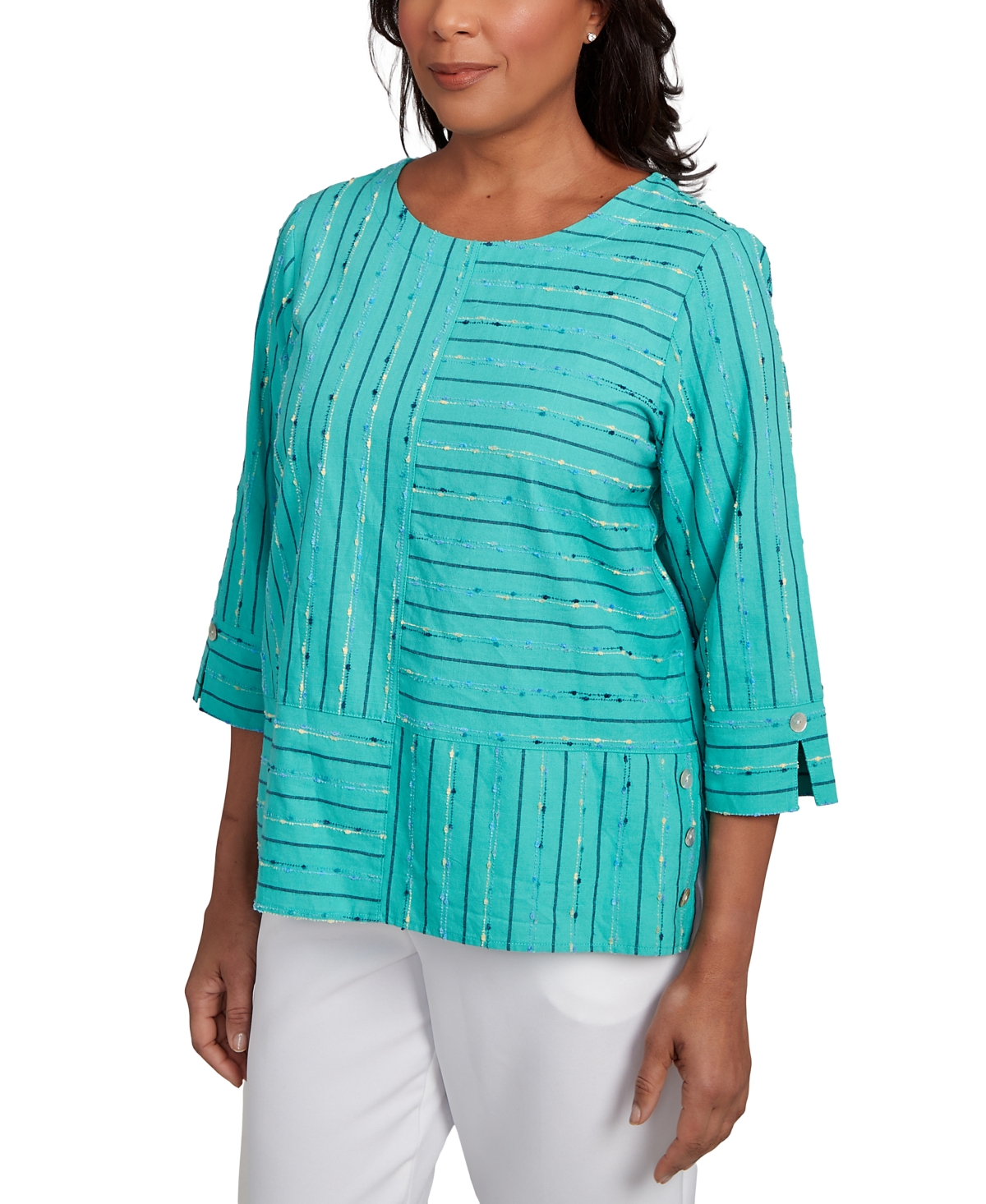 Alfred Dunner Plus Size Nantucket Spliced Jacquard Texture Crew Neck Top In Jade