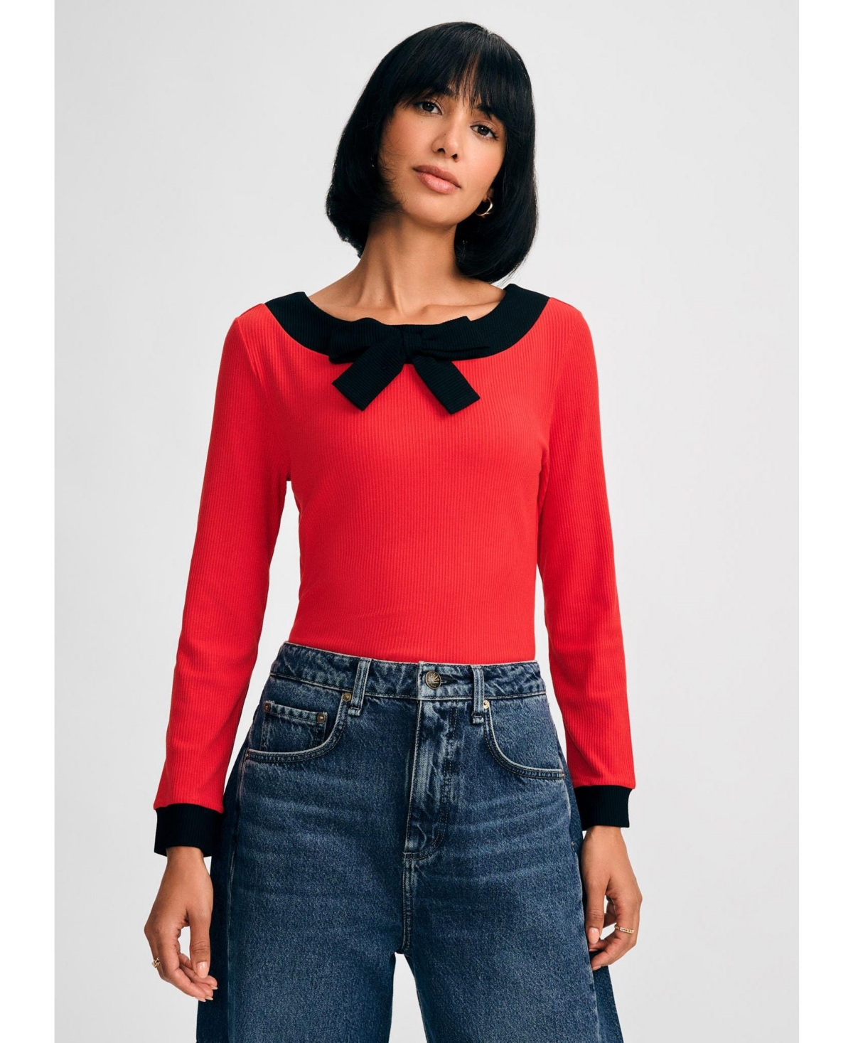 Women's Long Sleeve Bow Top - Red black