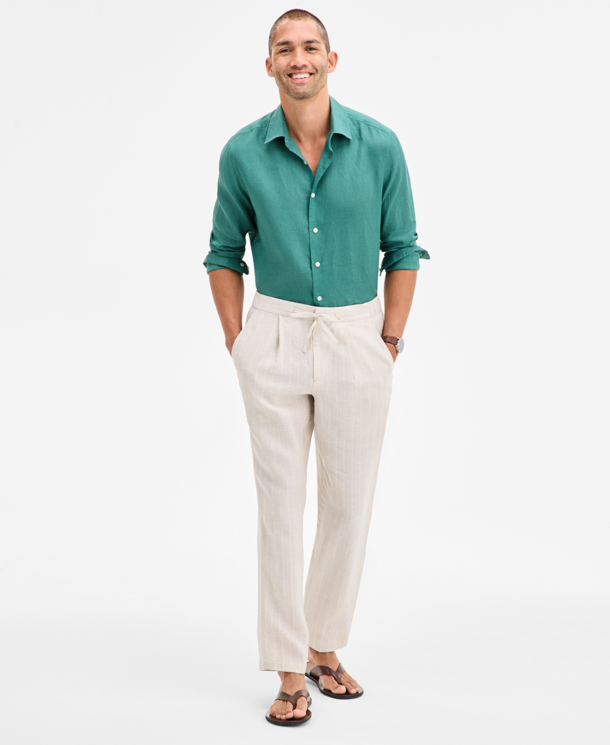 Men's Regular Fit Casual Striped Linen Pants, Exclusively at Macy's - Stone Wall