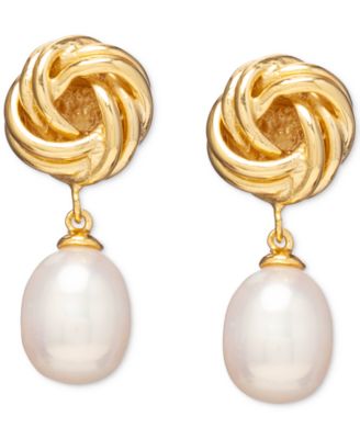 Baroque Cultured Freshwater Pearl (8x10mm) Knot Drop Earrings in 18k Gold-Plated Sterling Silver