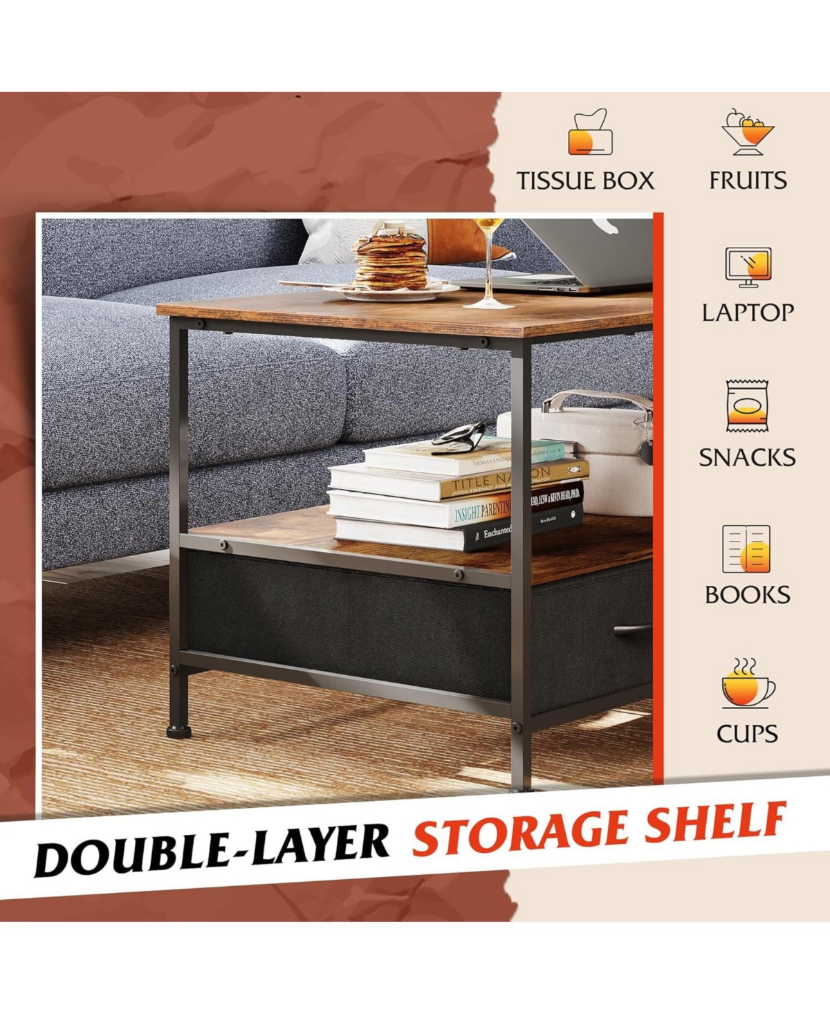 Wlive Coffee Table with Storage Drawers and Open Shelf, Mid-Century Modern Wood and Metal Cocktail Table for Living Room