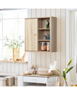 1Pc Manufactured Wood Fluted Panel, Wave Pattern & Open Shelves 1-Door Bathroom Wall Cabinet