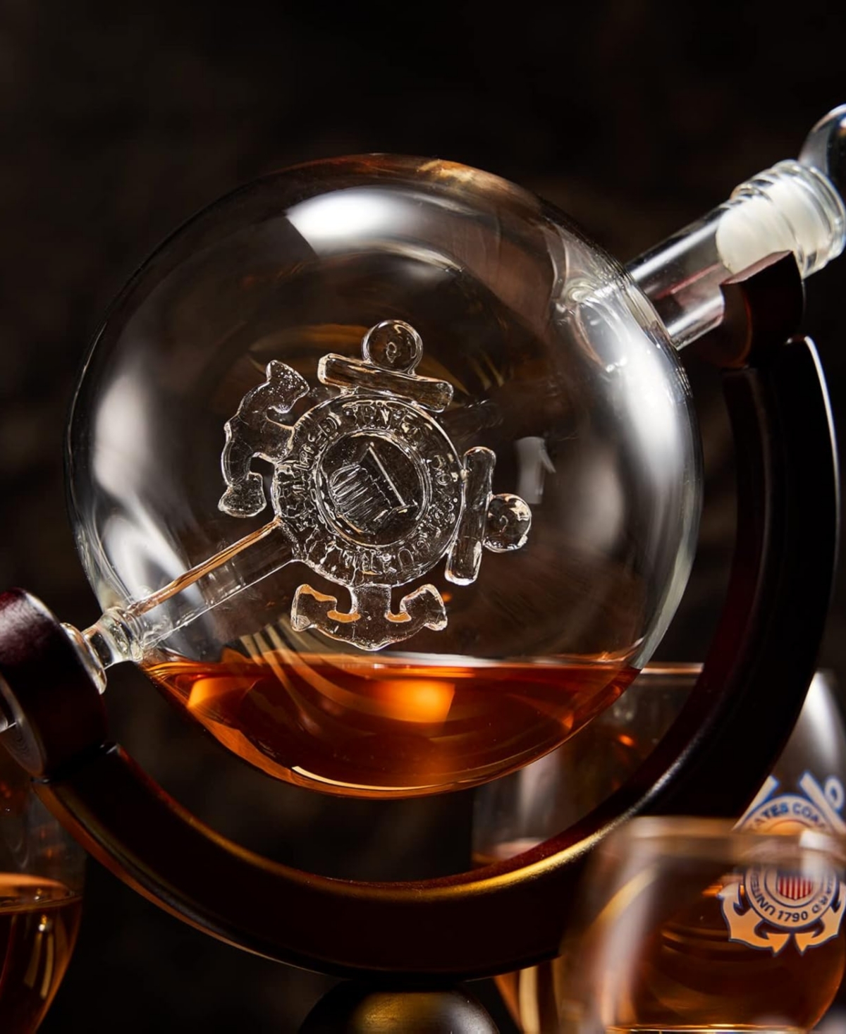 The Wine Savant U.s. Coast Guard Globe Whiskey Decanter Set In Clear