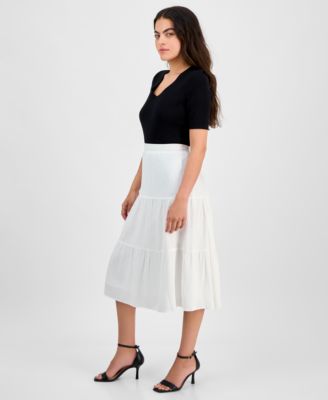 Petite Textured Three-Tiered Pull-On Midi Skirt