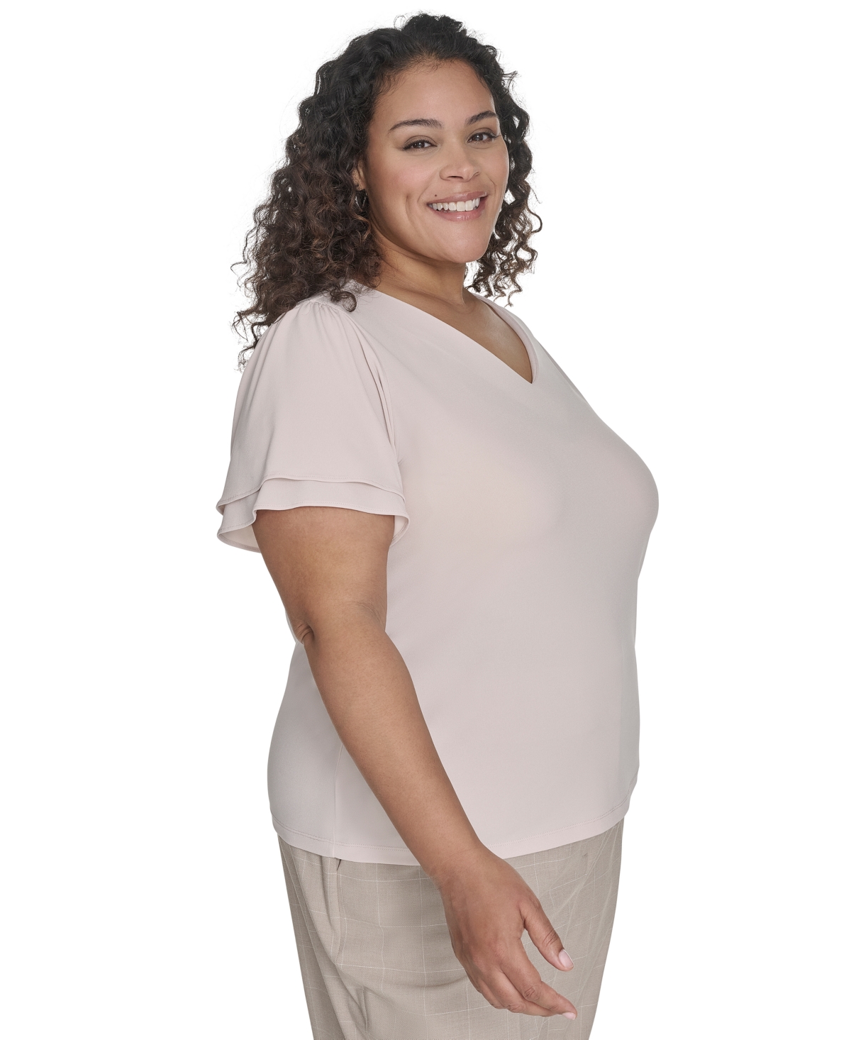 CALVIN KLEIN PLUS SIZE SOLID V-NECK DOUBLE-RUFFLE TOP 