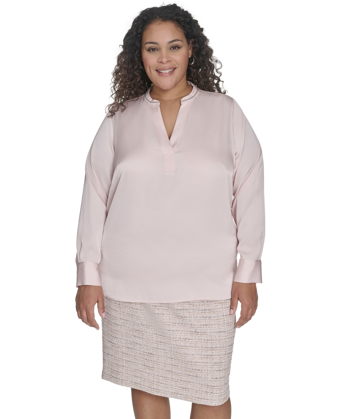 Shop Calvin Klein Plus Size Solid Charmeuse Split-neck Blouse In Parfait