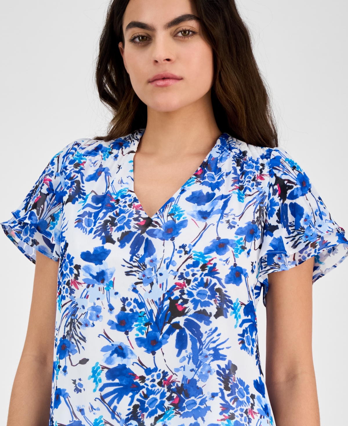 AK ANNE KLEIN PETITE FLORAL BUTTON-DOWN RUFFLE BLOUSE 