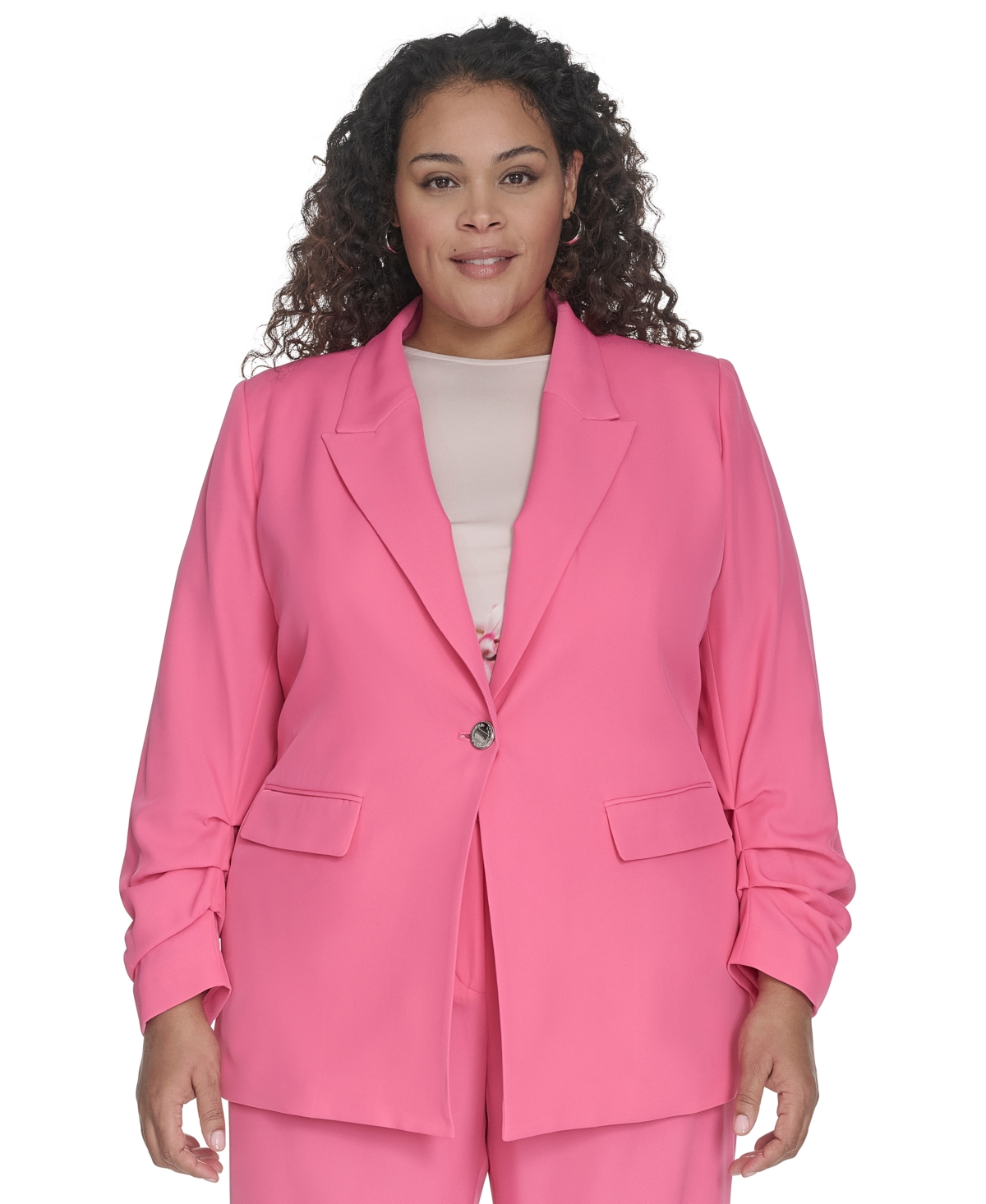 Shop Calvin Klein Plus Size One-button Ruched-sleeve Jacket In Peony