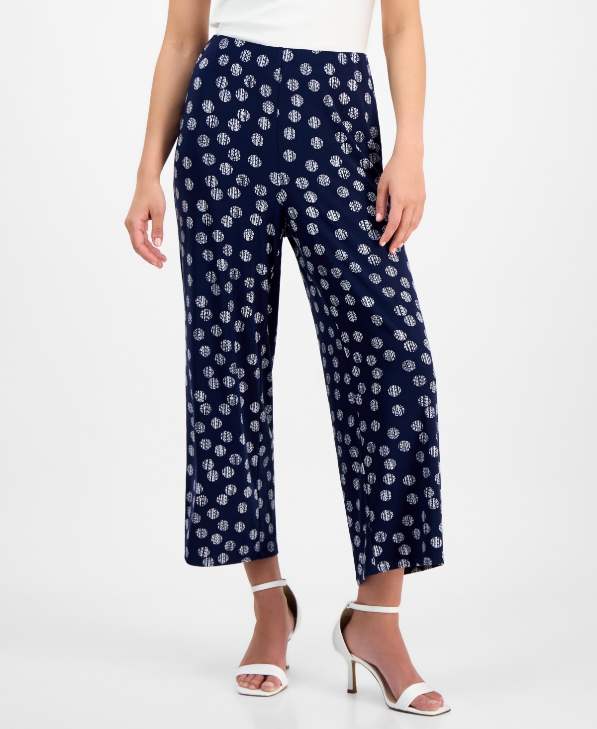 Ak Anne Klein Petite Dot-print Pull-on Mid-rise Pants In Distant Mountain,bright White