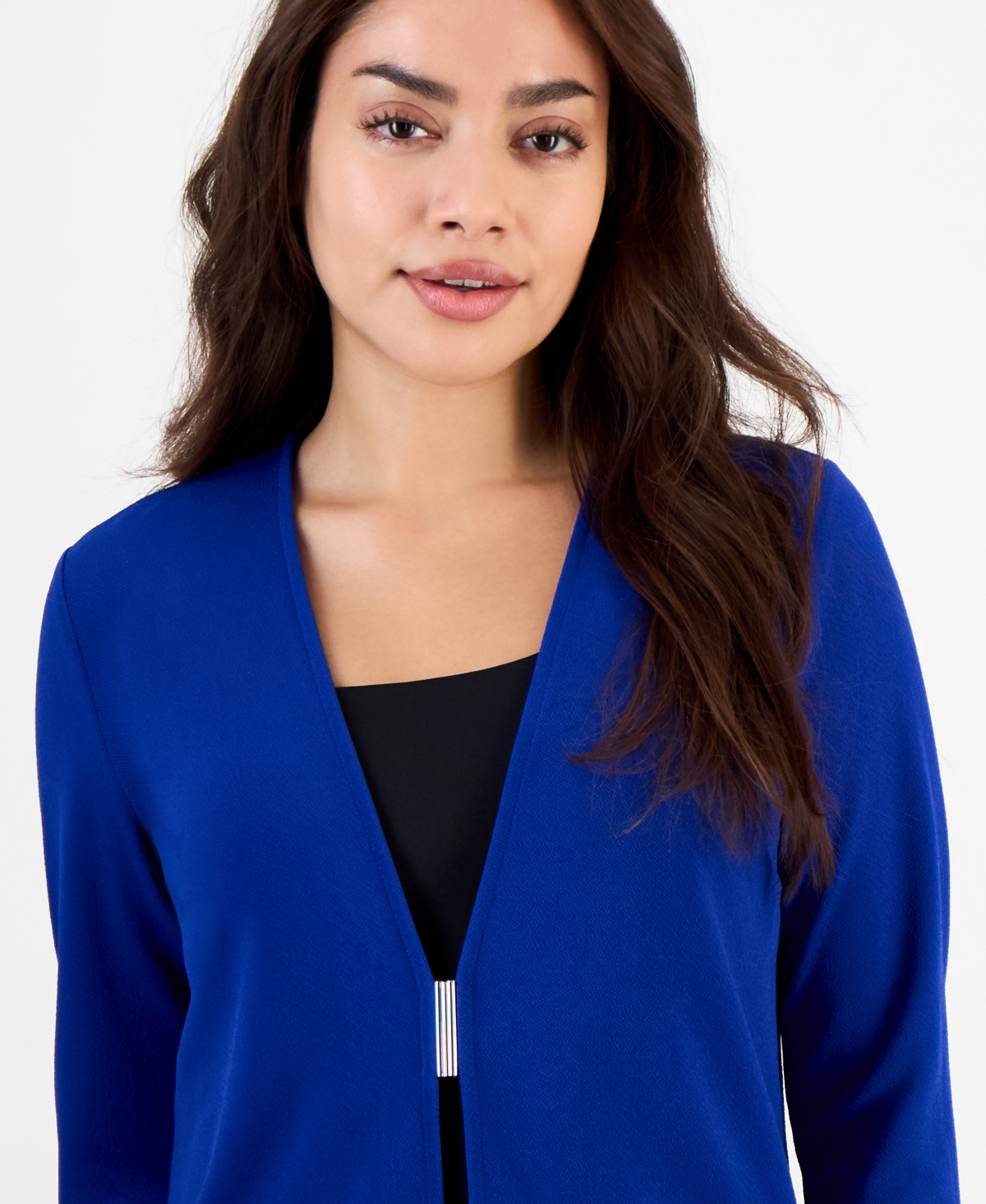 Anne Klein Petite Long-sleeve Buckle-closure Cardigan In Santorini Blue