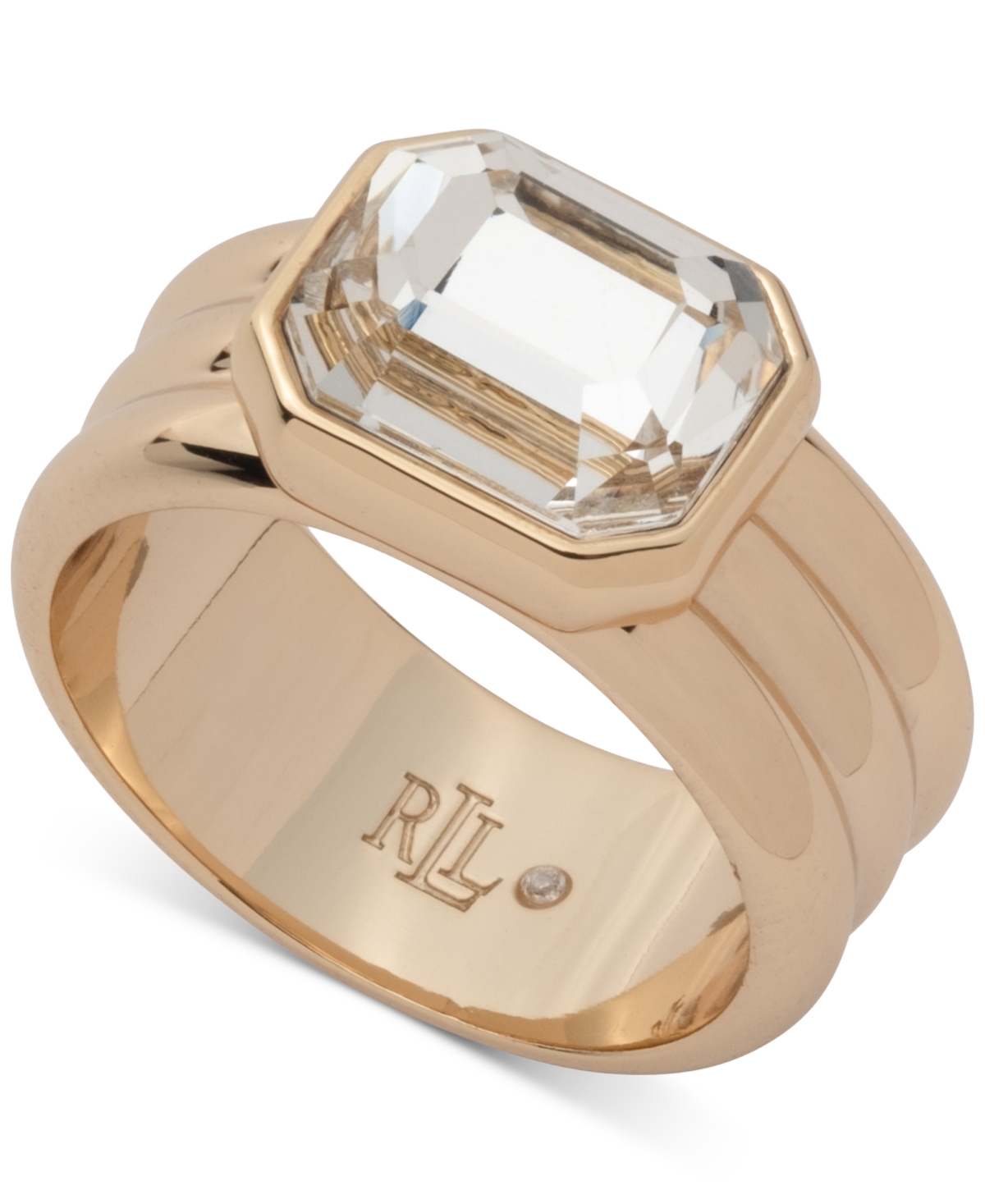 Gold-Tone Crystal Stone Ribbed Ring - Crystal White