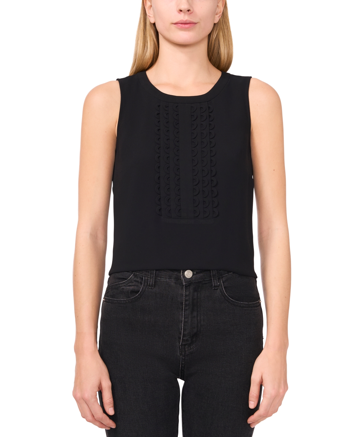 Cece Scalloped Pintuck Pleat Sleeveless Crepe Top In Black