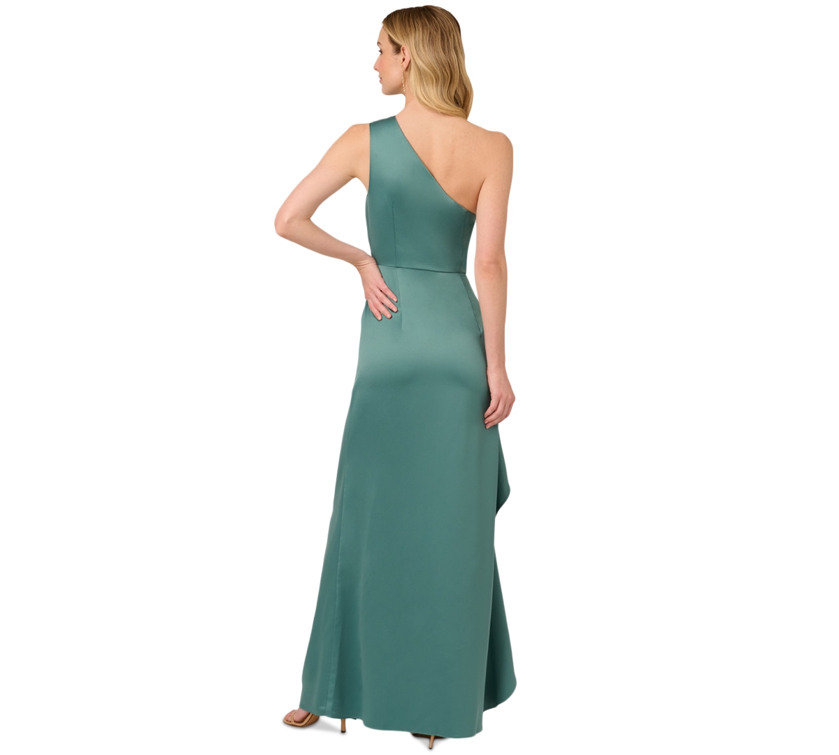 Adrianna Papell Petite One-shoulder Satin Gown In Greenslate