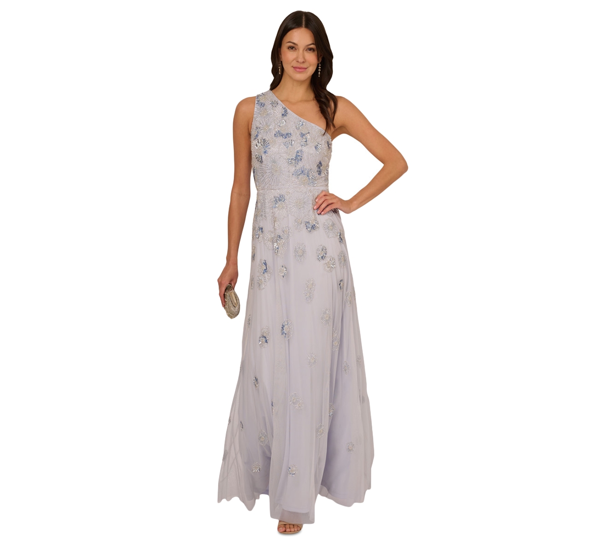 Adrianna Papell Beaded One-shoulder Trumpet Gown In Serenity