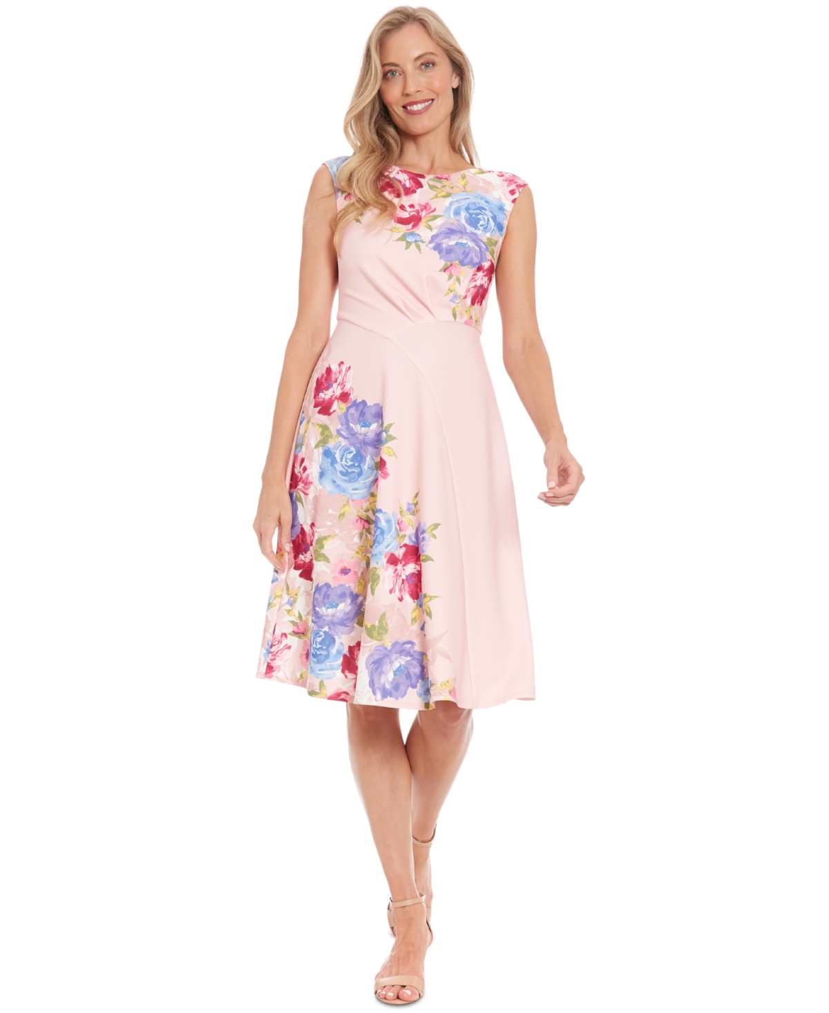 Women's Floral Extended-Shoulder Midi Dress - Navy/blush