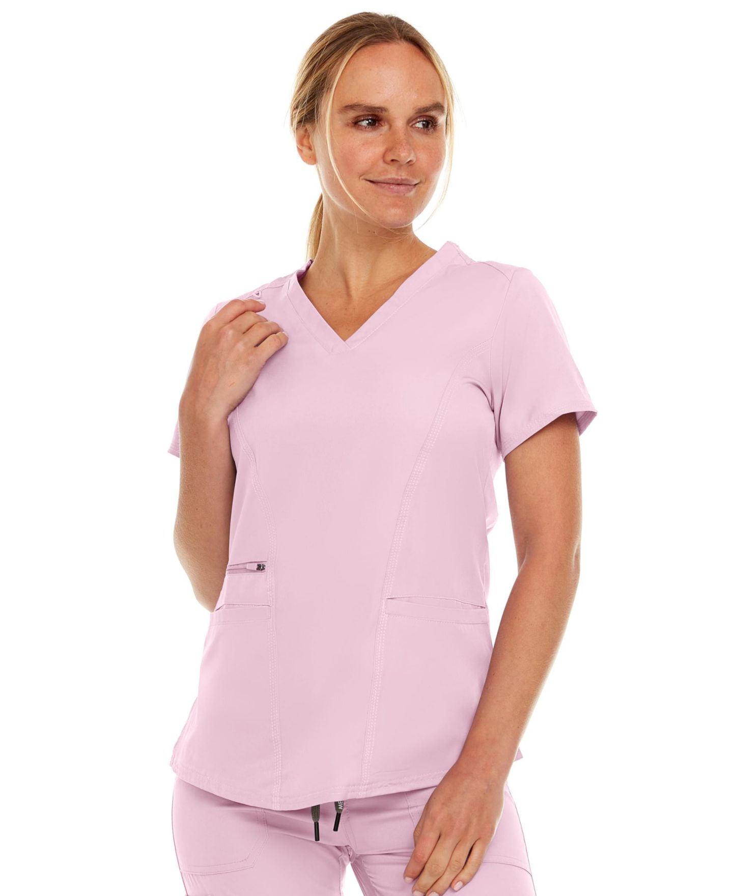 Женский топ Medichic Plus Size Ruth 3-Pocket Multi Stitch V-Neck Scrub, Pewter, 3X Large, цвет: Пудровый — фото 5