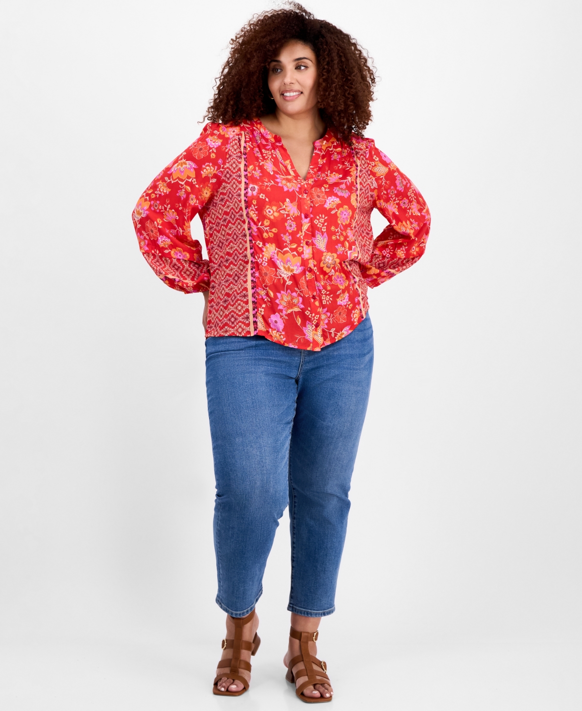 Liverpool Los Angeles Liverpool Plus Size Printed Blouson-sleeve Button-front Blouse In Red