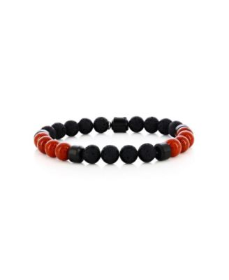 Stainless Steel, 8mm Genuine Bead Bracelet - Lava stone  red fossil