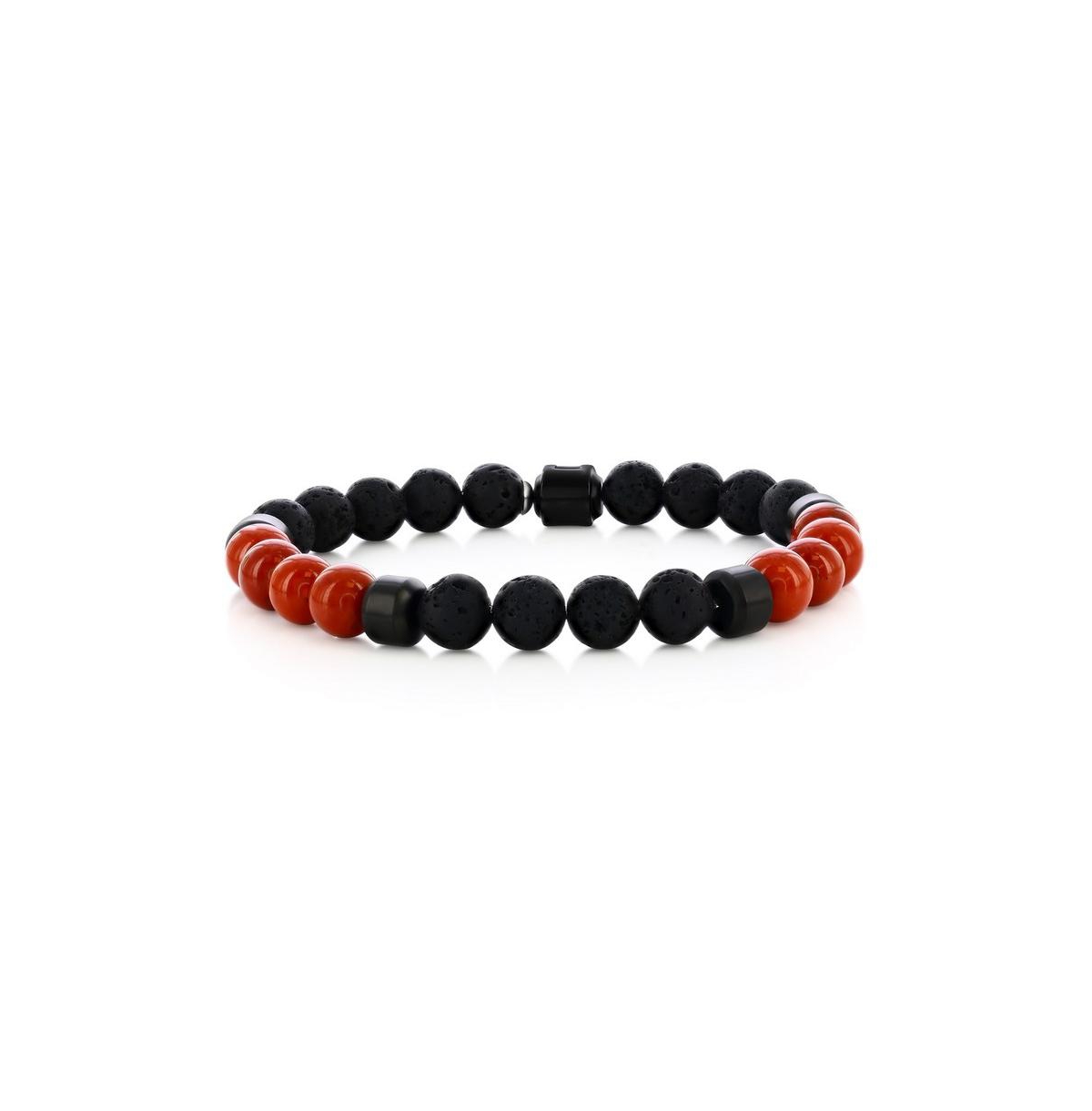 Stainless Steel, 8mm Genuine Bead Bracelet - Lava stone  red fossil
