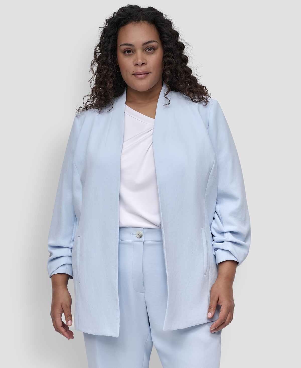 Plus Size Ruched-Sleeve Open-Front Blazer - Skyway Blue