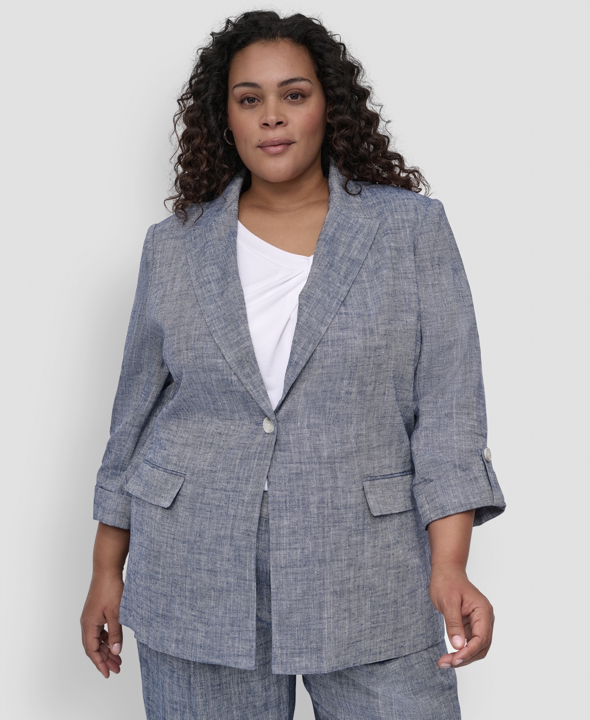 Dkny Plus Size One-button Roll-tab-sleeve Jacket