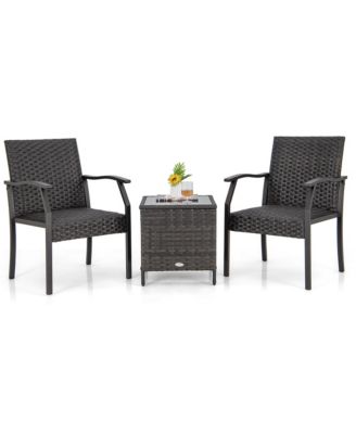 3 Piece Patio Weather Resistant Conversation Set Wicker Chair w/ Quick Dry Foam Tempered Glass Table
