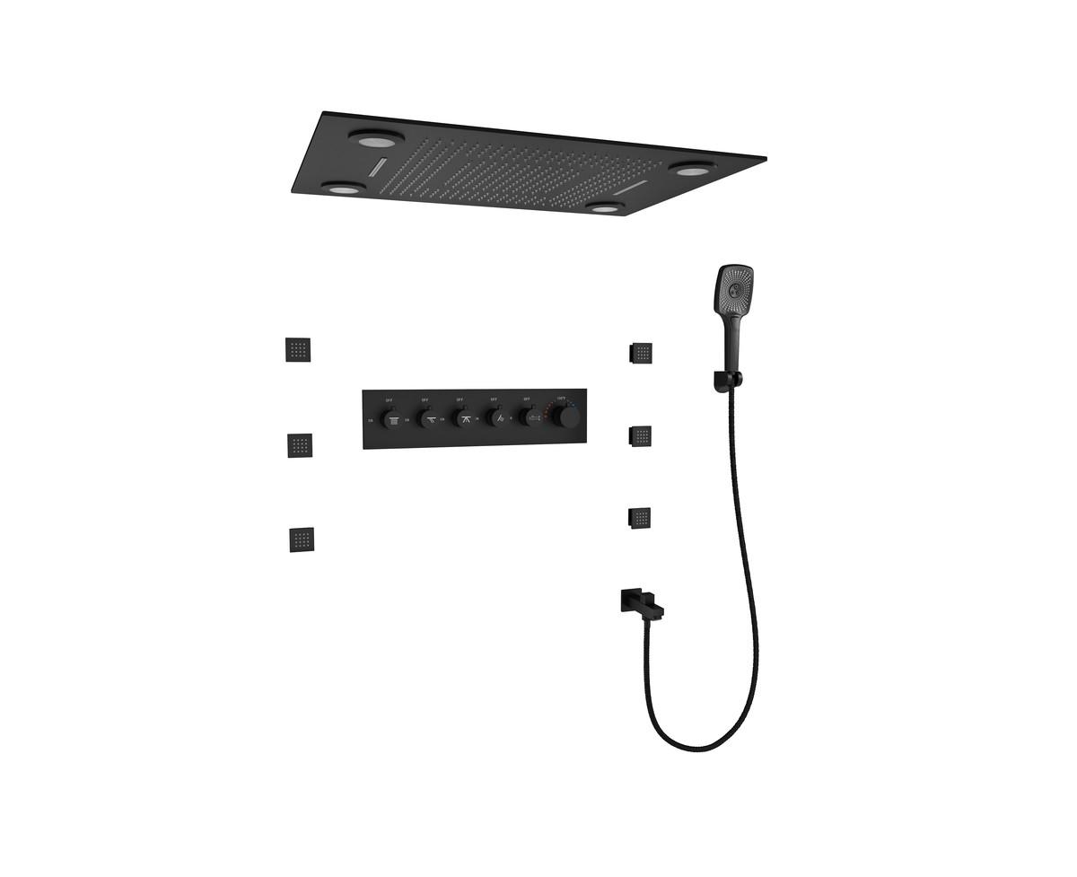 Led Light Ceiling-Mounted Thermostatic Shower System With Body Jets With Handheld Shower - Brushed gold