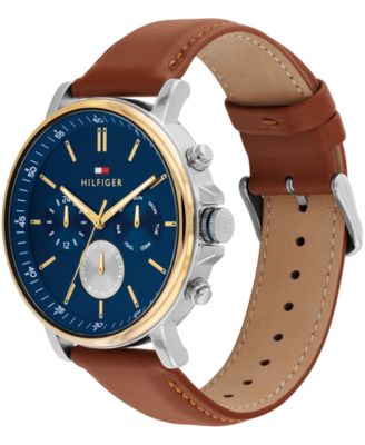 Men's Multifunction Brown Leather Strap Watch, 44mm